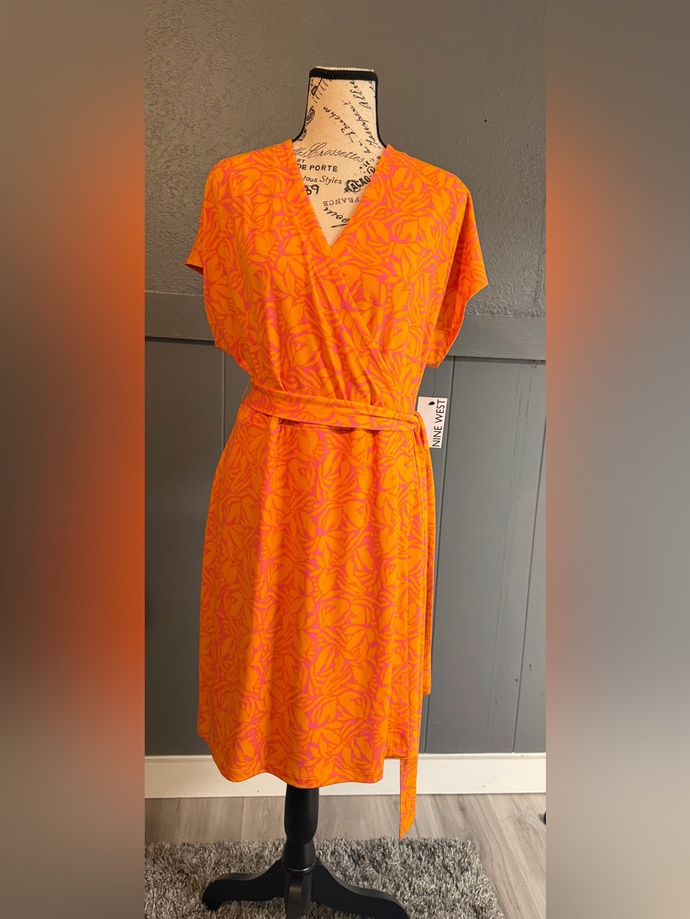 Nine West Orange & Pink Floral Faux Wrap Dress
